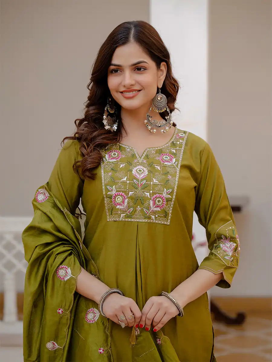 Floral Embroidered Straight Kurta Set with Dupatta