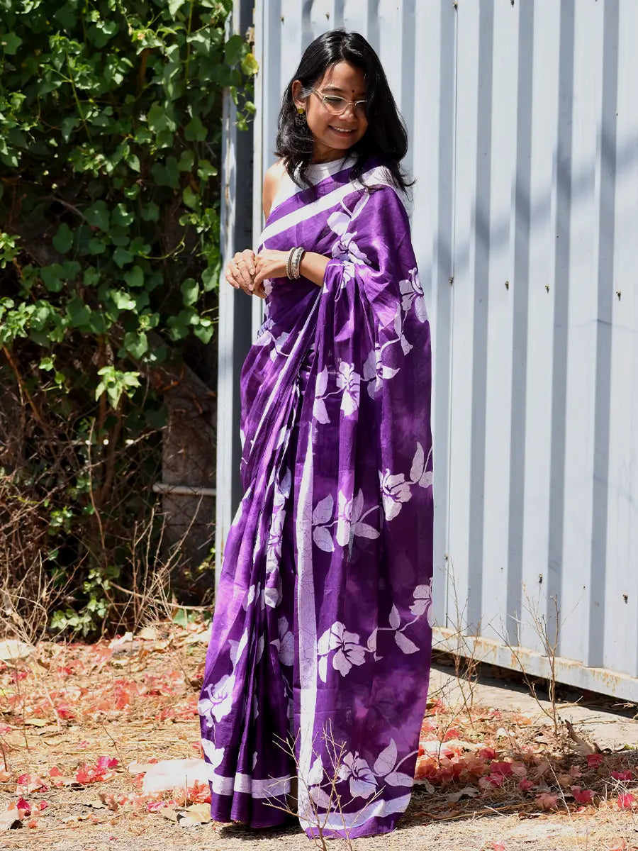 Royal Purple Cotton Saree with White Floral Print