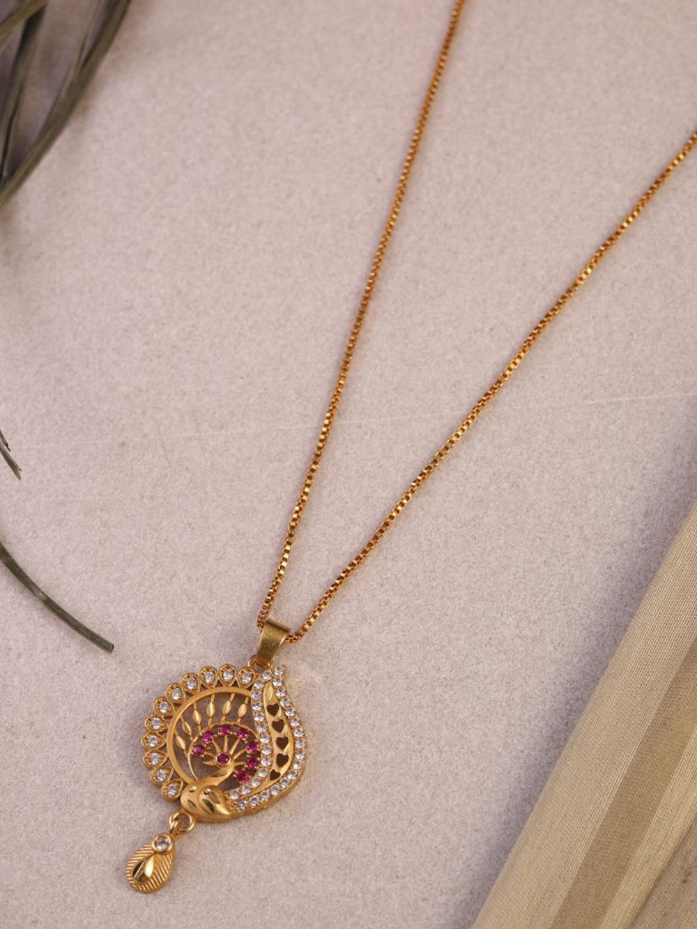 Mayura Gold Plated American Diamond Peacock Pendant Chain Necklace