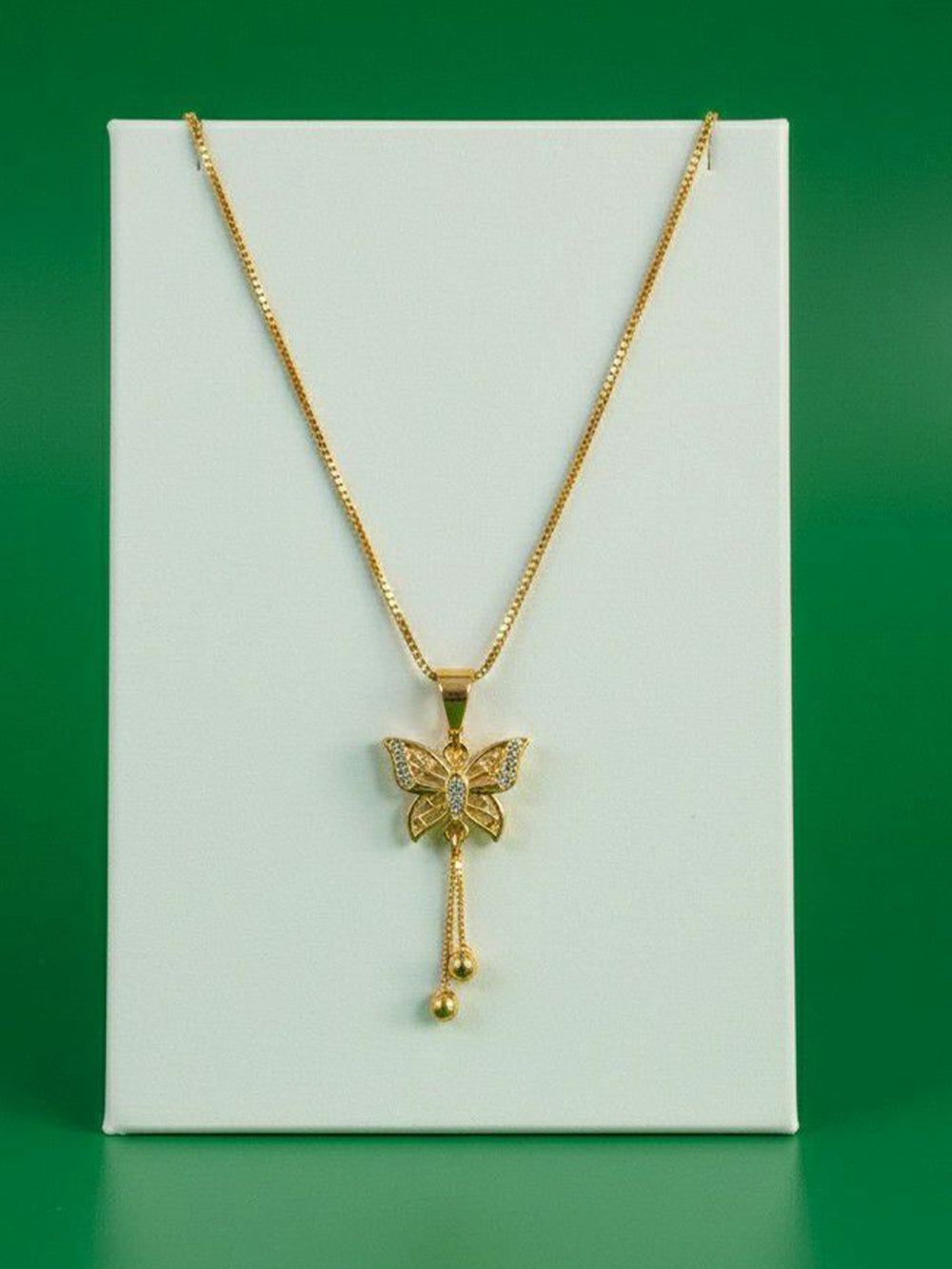 Flutter Gold Plated American Diamond Butterfly Pendant Chain Necklace