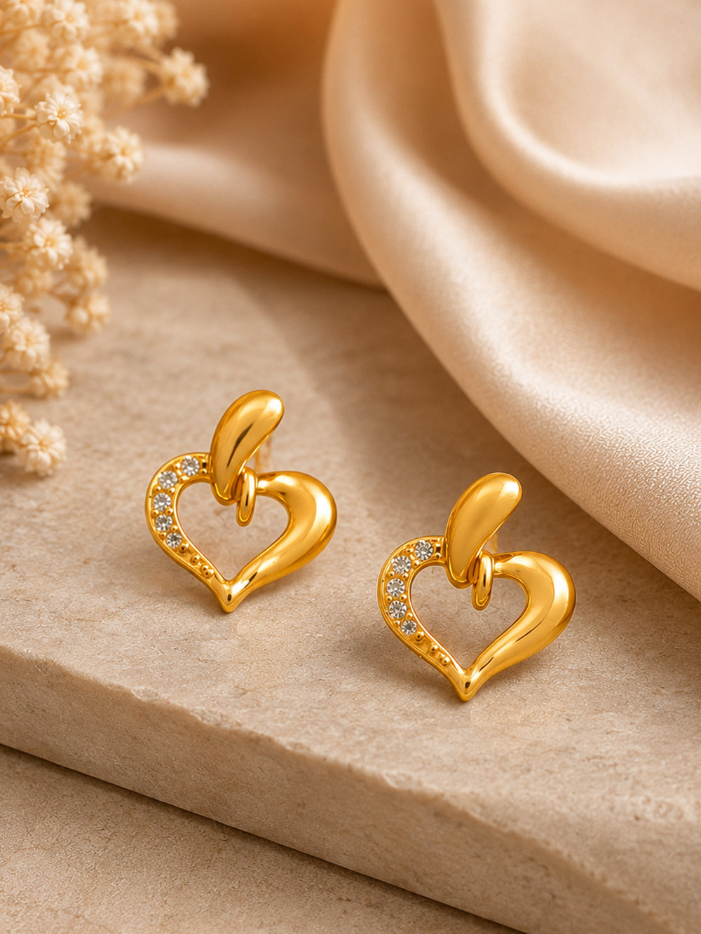 Amora Gold Plated American Diamond Heart Stud Earrings