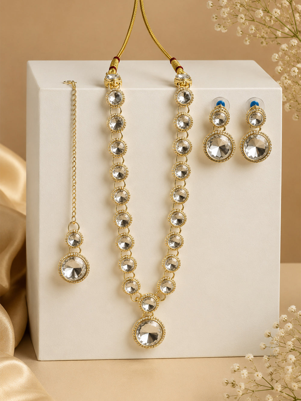 Aster Gold Plated Matte American Diamond Necklace Set