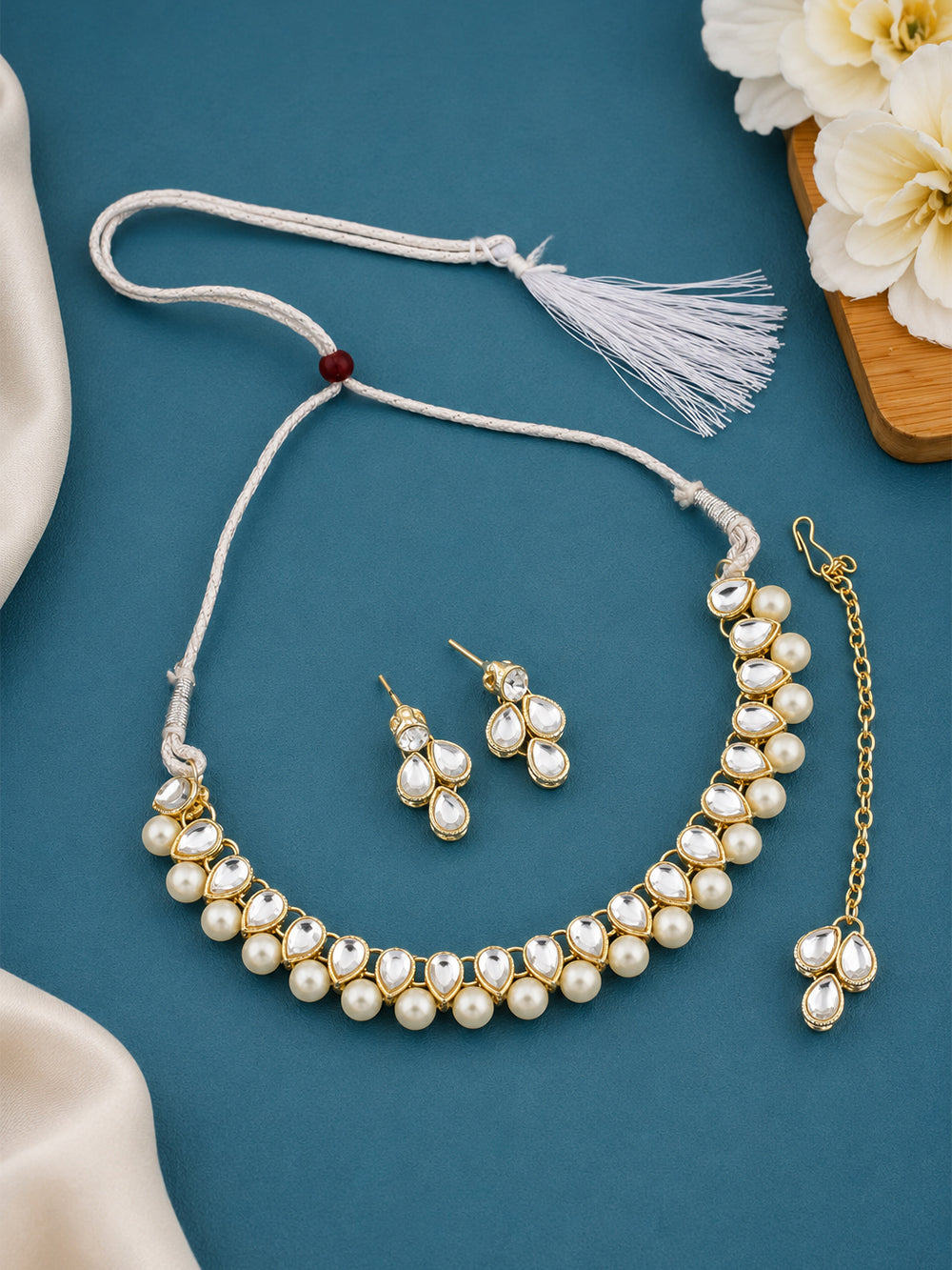 Noor Gold Polish Crystal & Pearl Choker Necklace Set