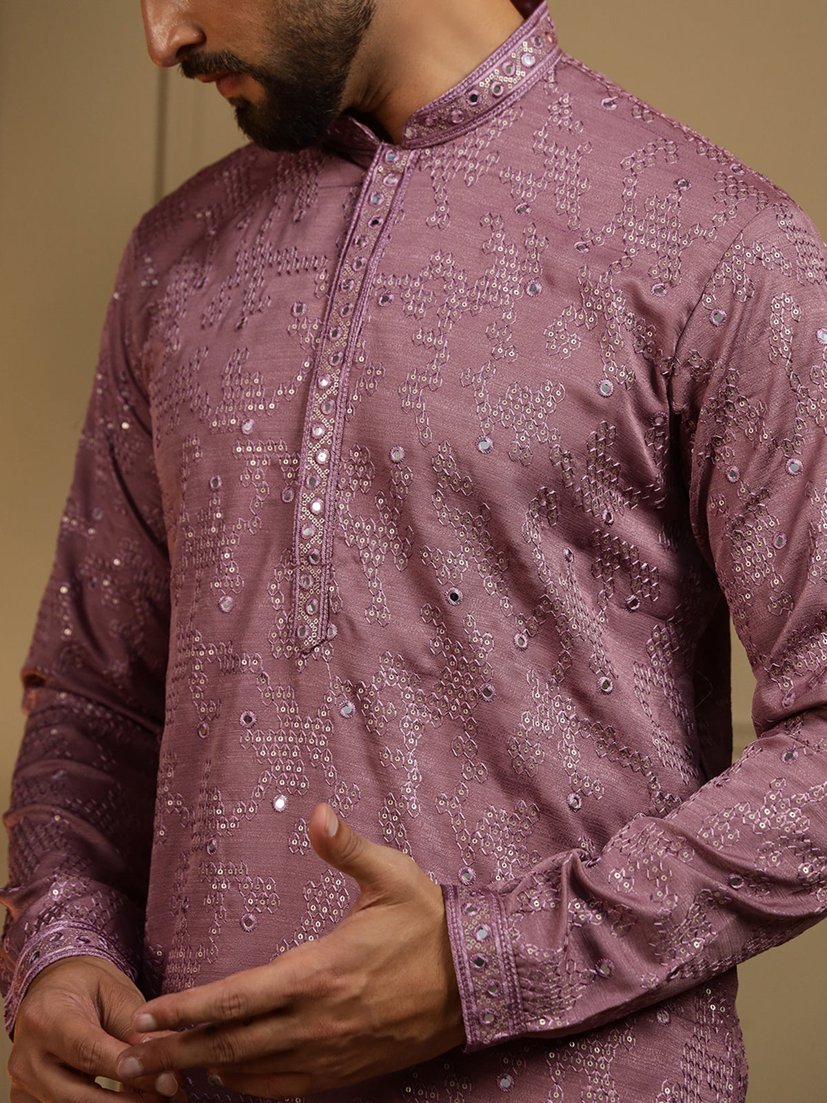 Reyansh Men's Mirror Work Embroidered Silk Kurta Pajama Set