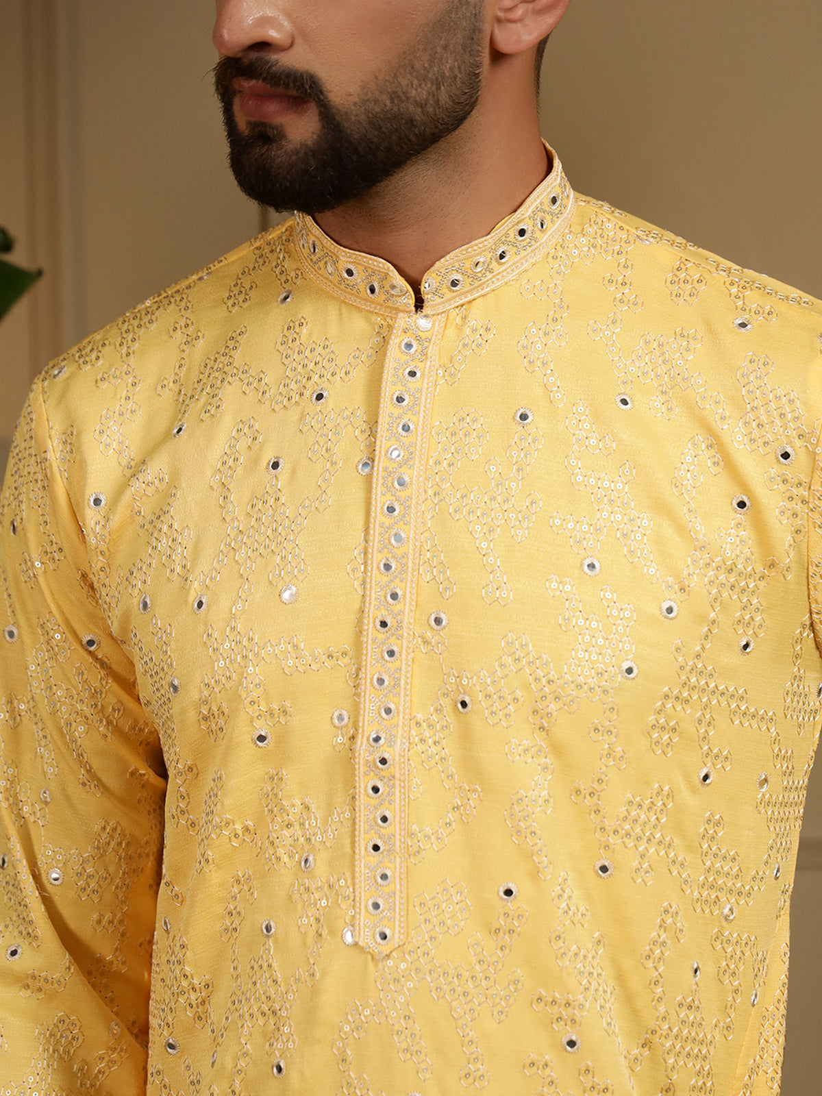 Reyansh Men's Mirror Work Embroidered Silk Kurta Pajama Set