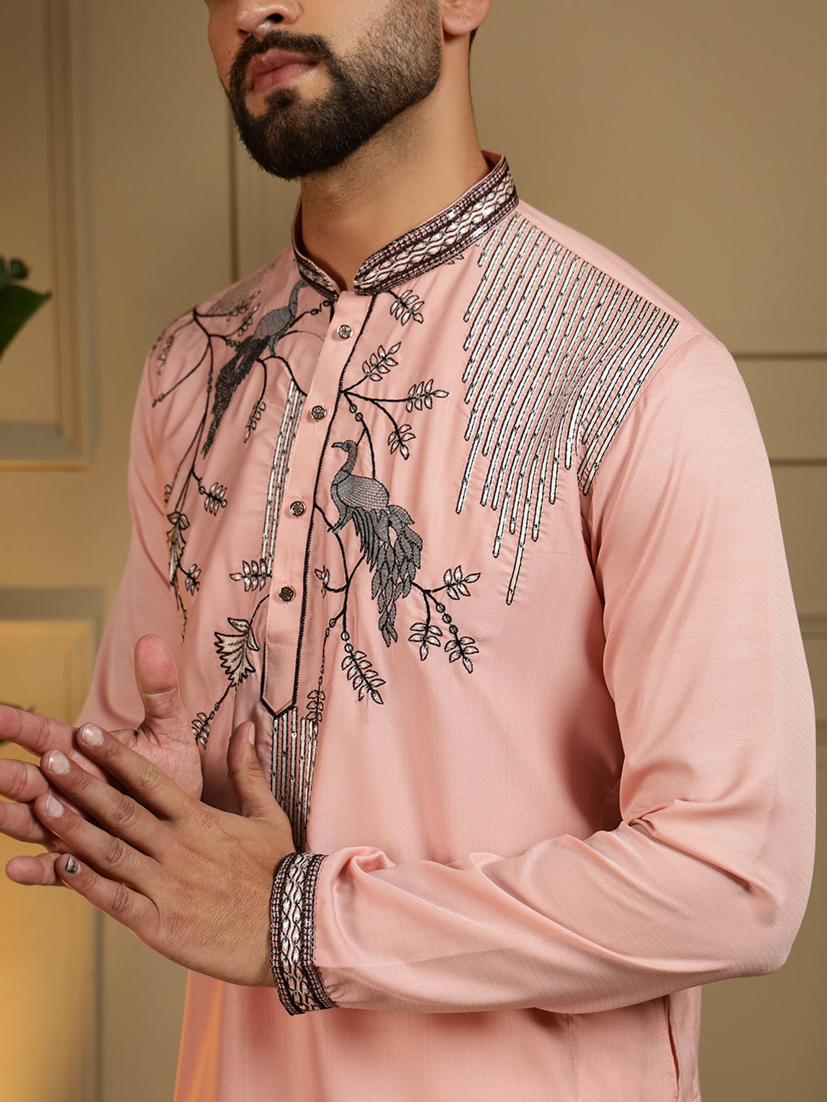 Zayyan Men's Peacock Embroidered Kurta Pajama Set