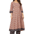 Rust Brown Geometric Printed Anarkali Kurta with Navy Blue Floral Palazzo Pants