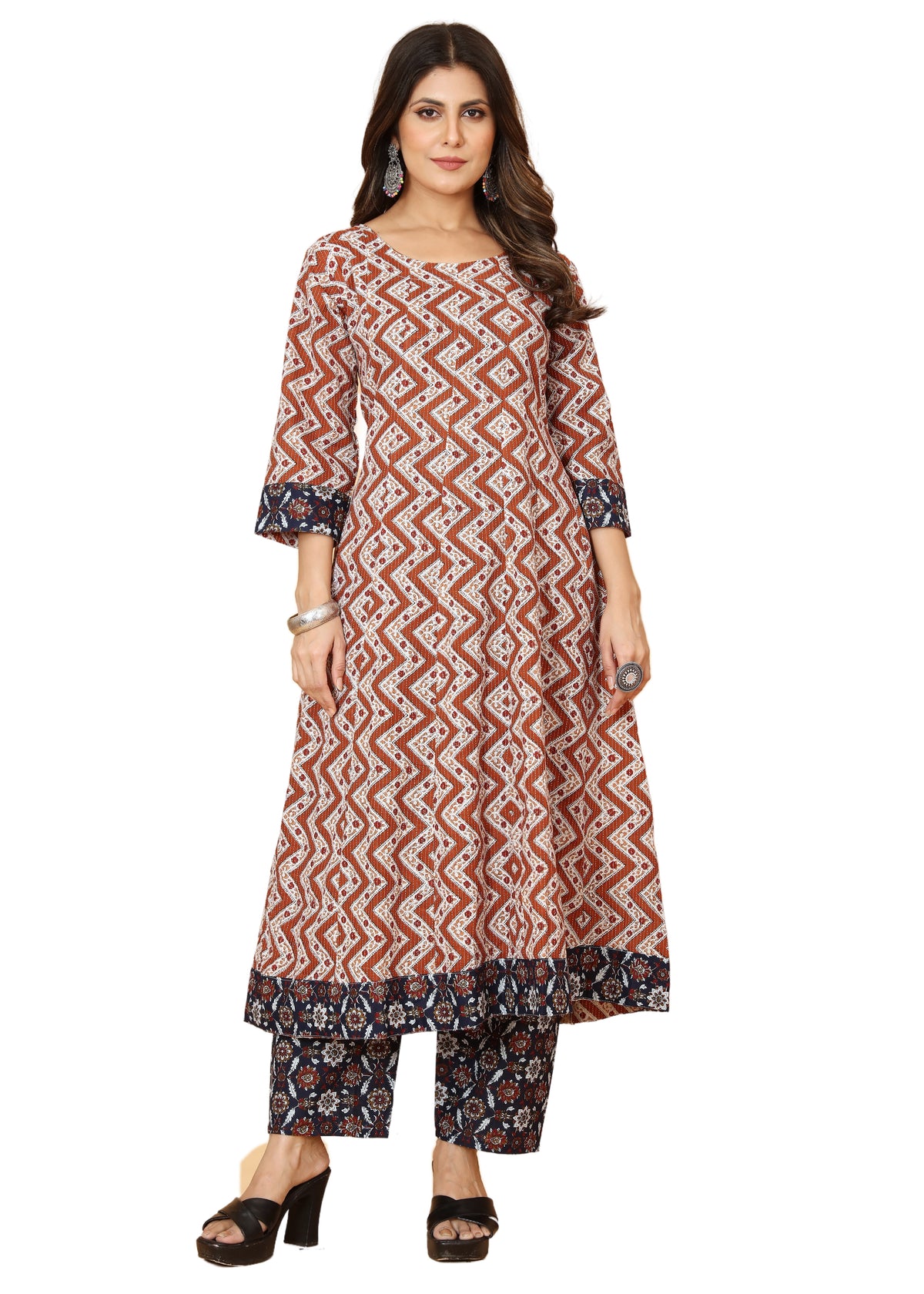 Rust Brown Geometric Printed Anarkali Kurta with Navy Blue Floral Palazzo Pants