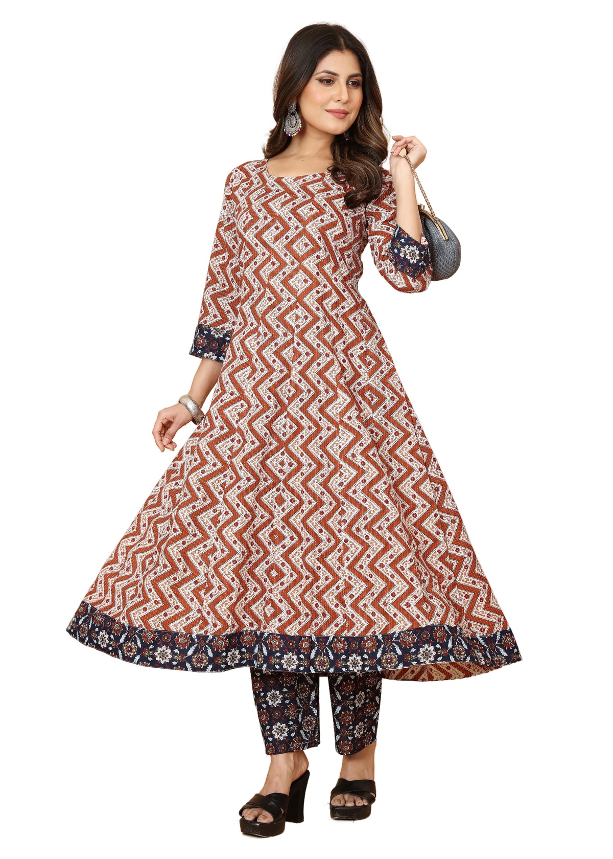 Rust Brown Geometric Printed Anarkali Kurta with Navy Blue Floral Palazzo Pants