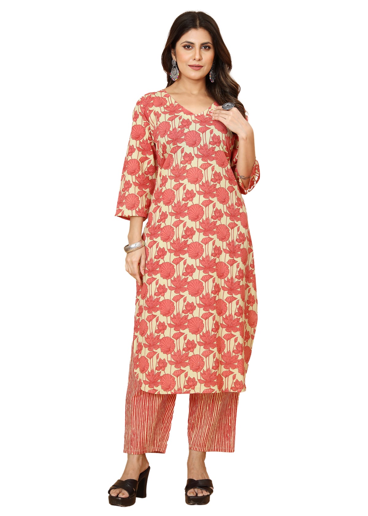 Peach Floral Printed Kurta with Striped Palazzo Pants