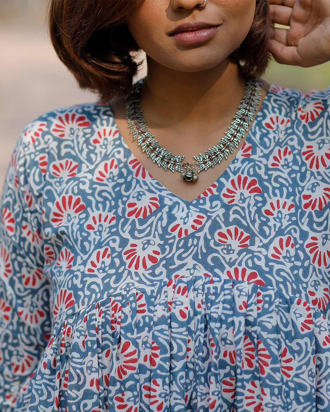 Grey Floral Printed Anarkali Kurta with Rani Pink Chevron Palazzo Pants