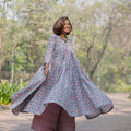 Grey Floral Printed Anarkali Kurta with Rani Pink Chevron Palazzo Pants