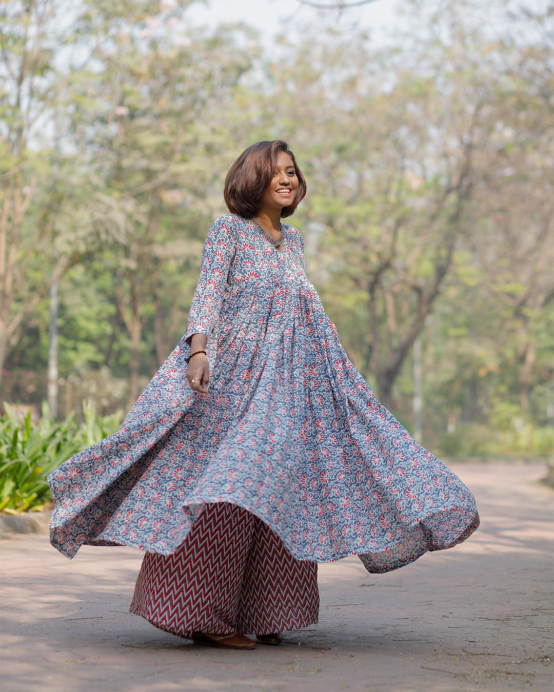 Grey Floral Printed Anarkali Kurta with Rani Pink Chevron Palazzo Pants