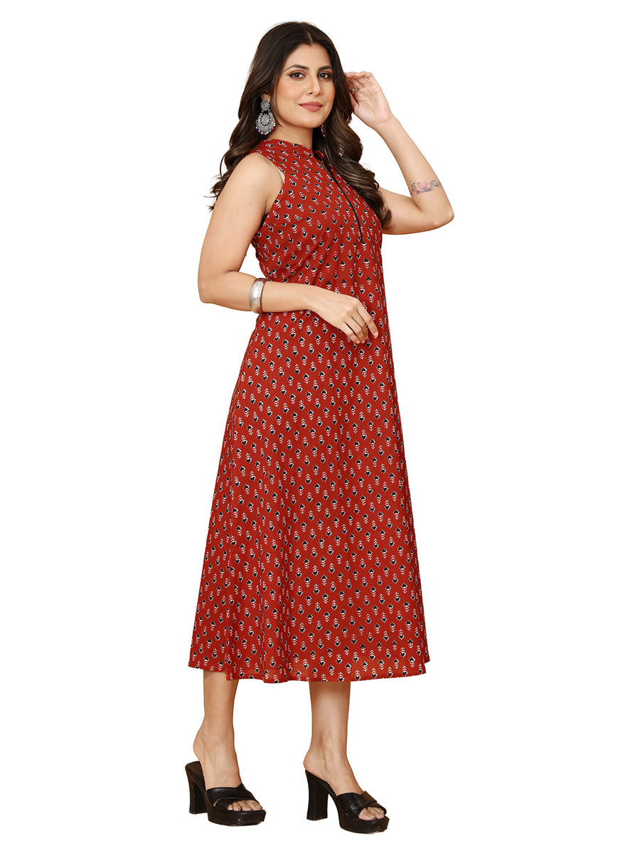 Rust Red Printed Sleeveless A-Line Midi Dress with Mandarin Collar