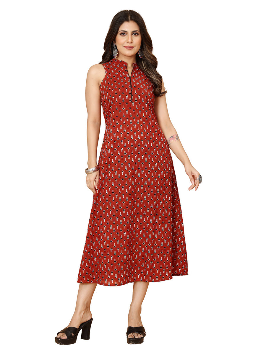 Rust Red Printed Sleeveless A-Line Midi Dress with Mandarin Collar