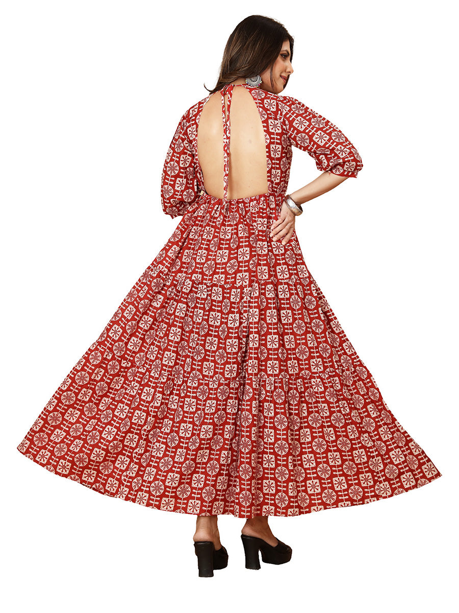 Rust Red Geometric Printed Tiered Maxi Dress with Open Back