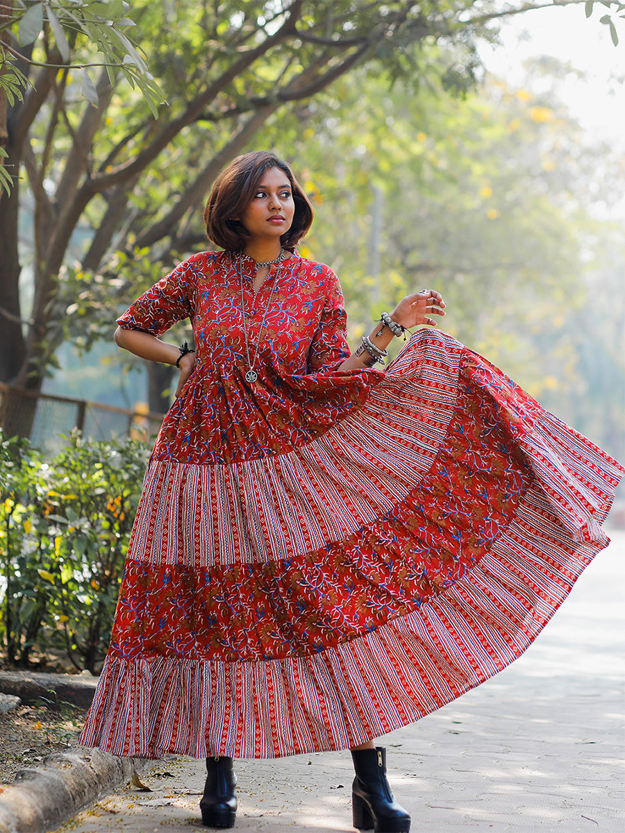 Red Floral Printed Tiered Maxi Dress