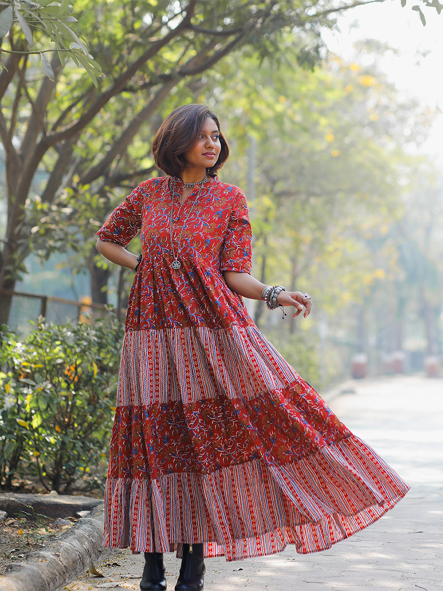 Red Floral Printed Tiered Maxi Dress