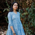 Blue Paisley Printed V Neck Tiered Mini Dress