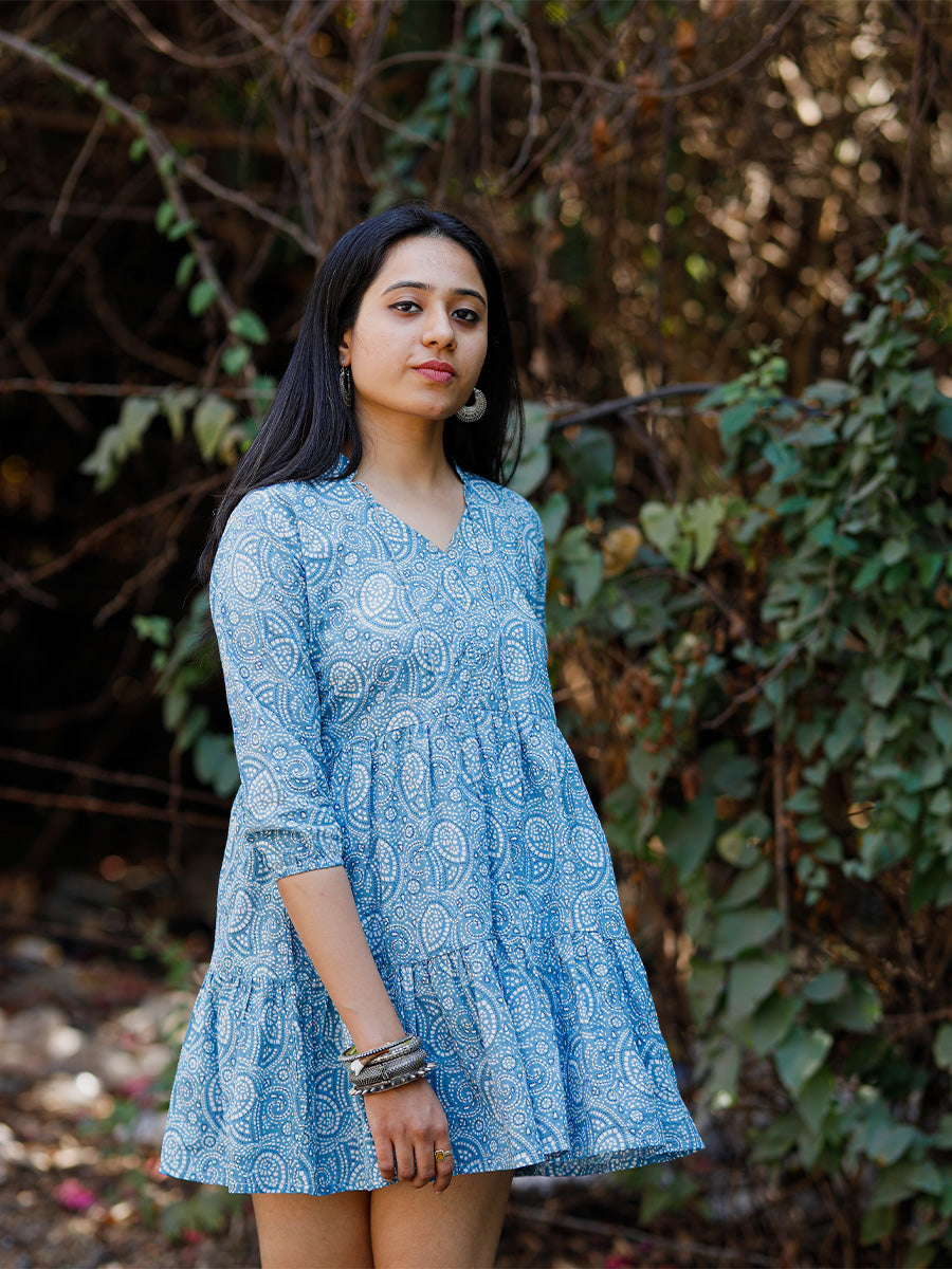 Blue Paisley Printed V Neck Tiered Mini Dress