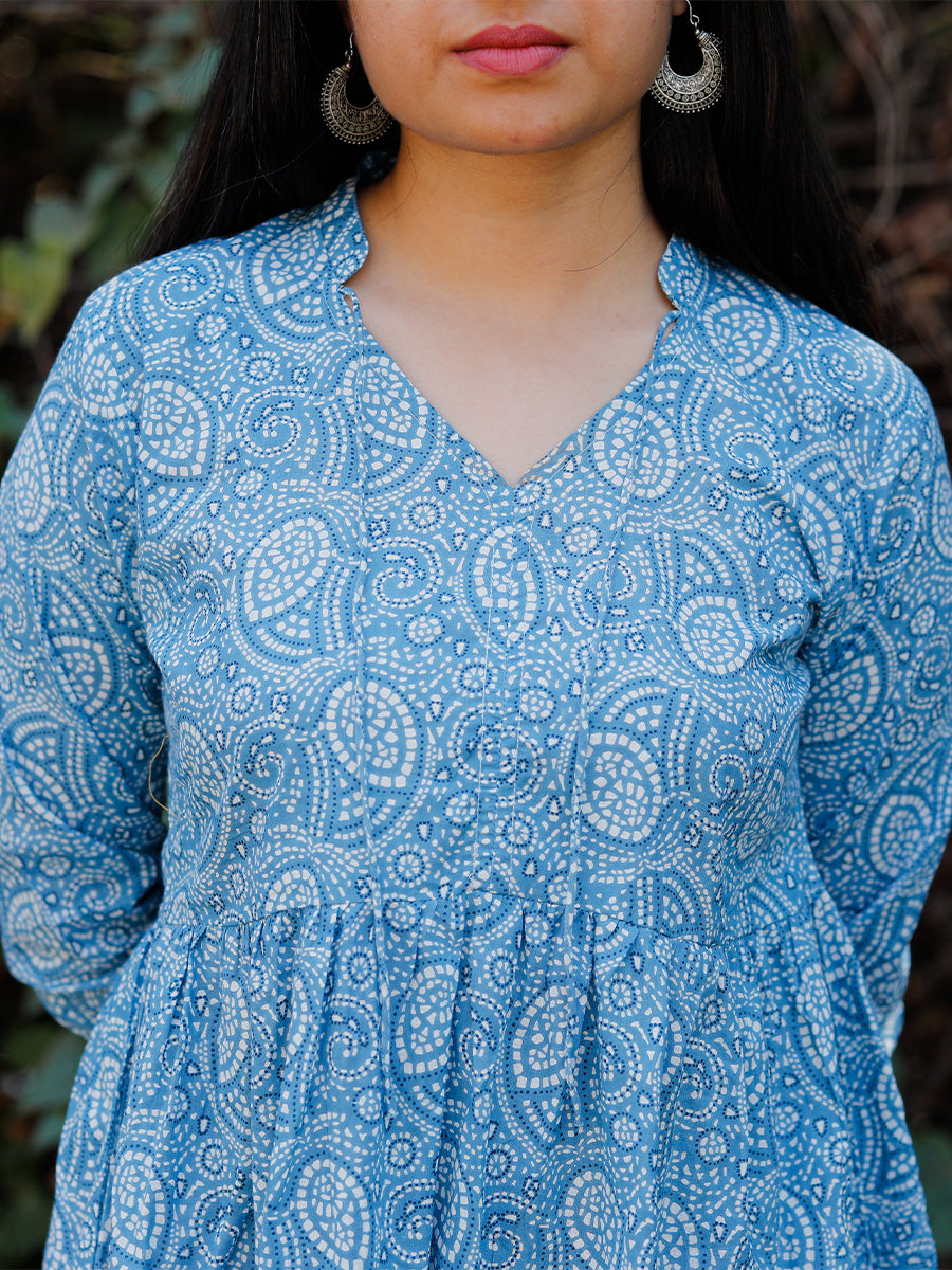 Blue Paisley Printed V Neck Tiered Mini Dress