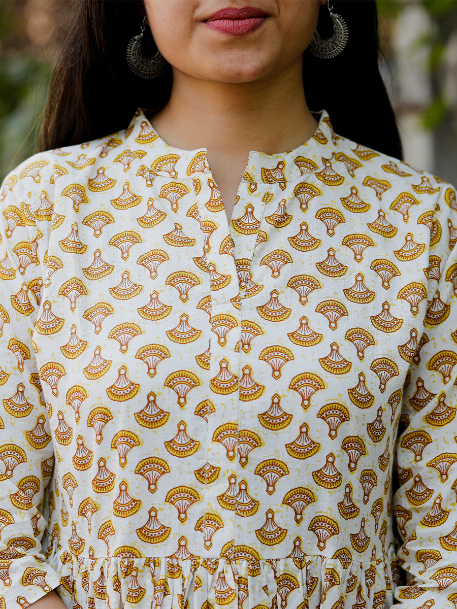 Cream & Mustard Yellow Printed V Neck Mini Dress