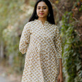 Cream & Mustard Yellow Printed V Neck Mini Dress