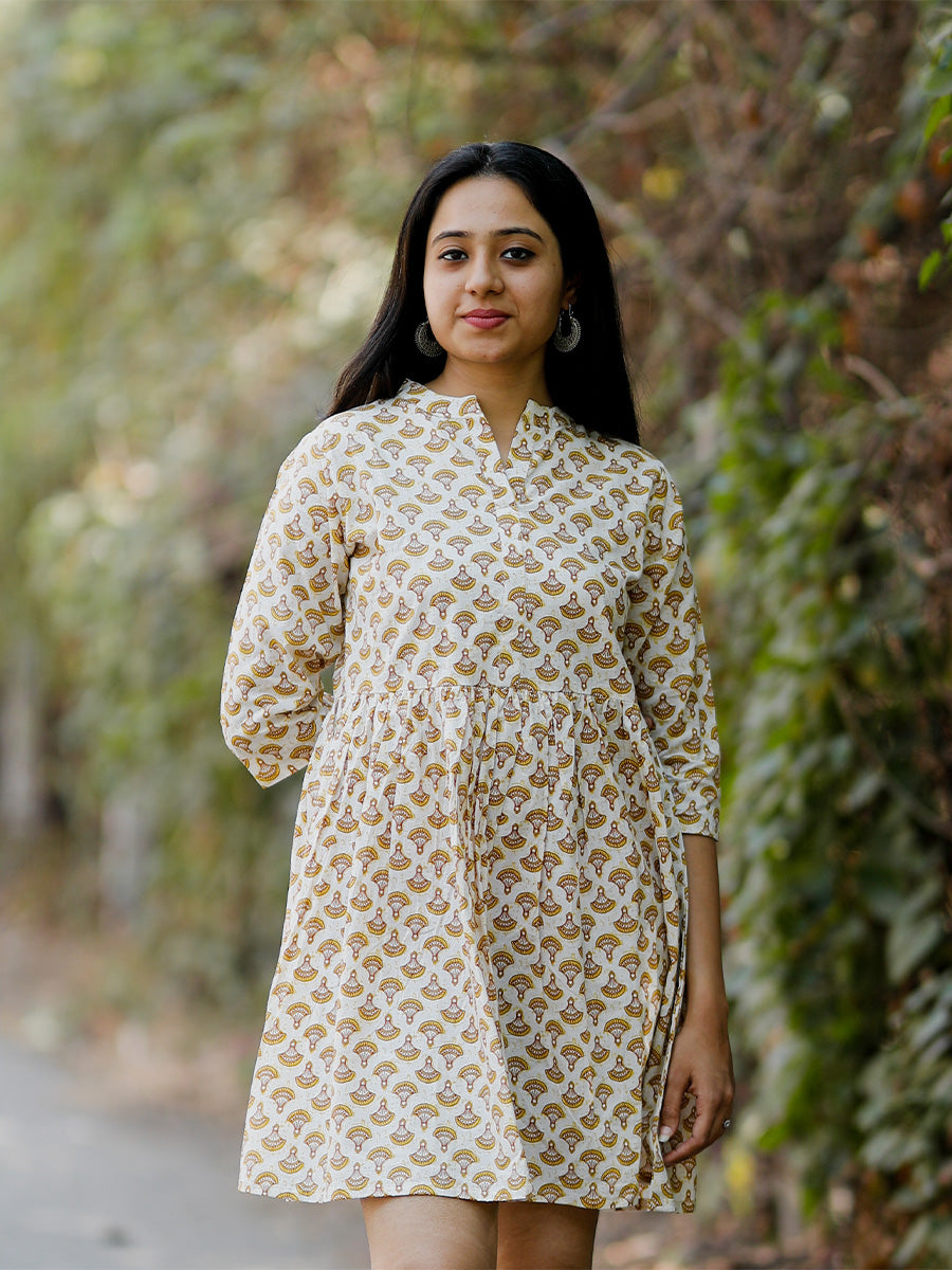 Cream & Mustard Yellow Printed V Neck Mini Dress