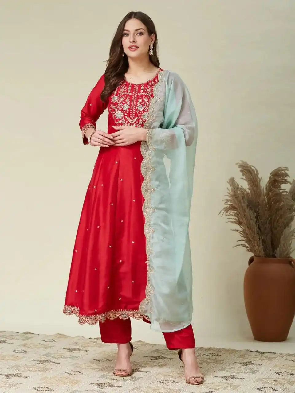 Floral Embroidered Scoop Neck Anarkali Kurta Set