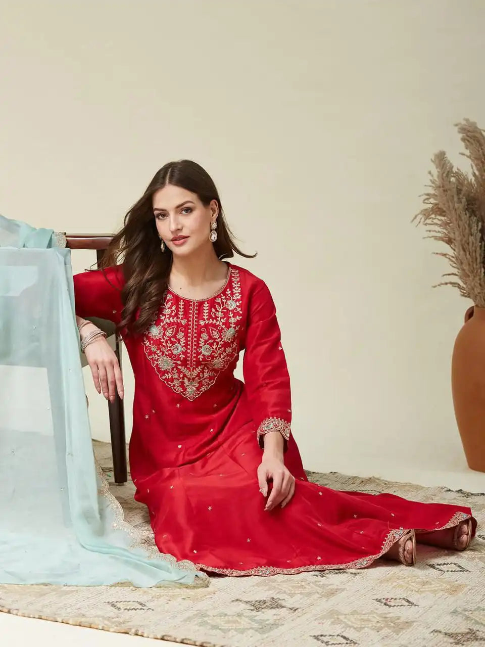 Floral Embroidered Scoop Neck Anarkali Kurta Set