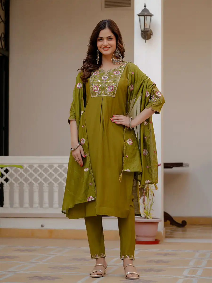 Floral Embroidered Straight Kurta Set with Dupatta