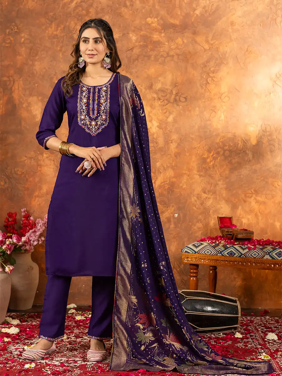 Floral Embroidered Straight Kurta Set with Woven Dupatta