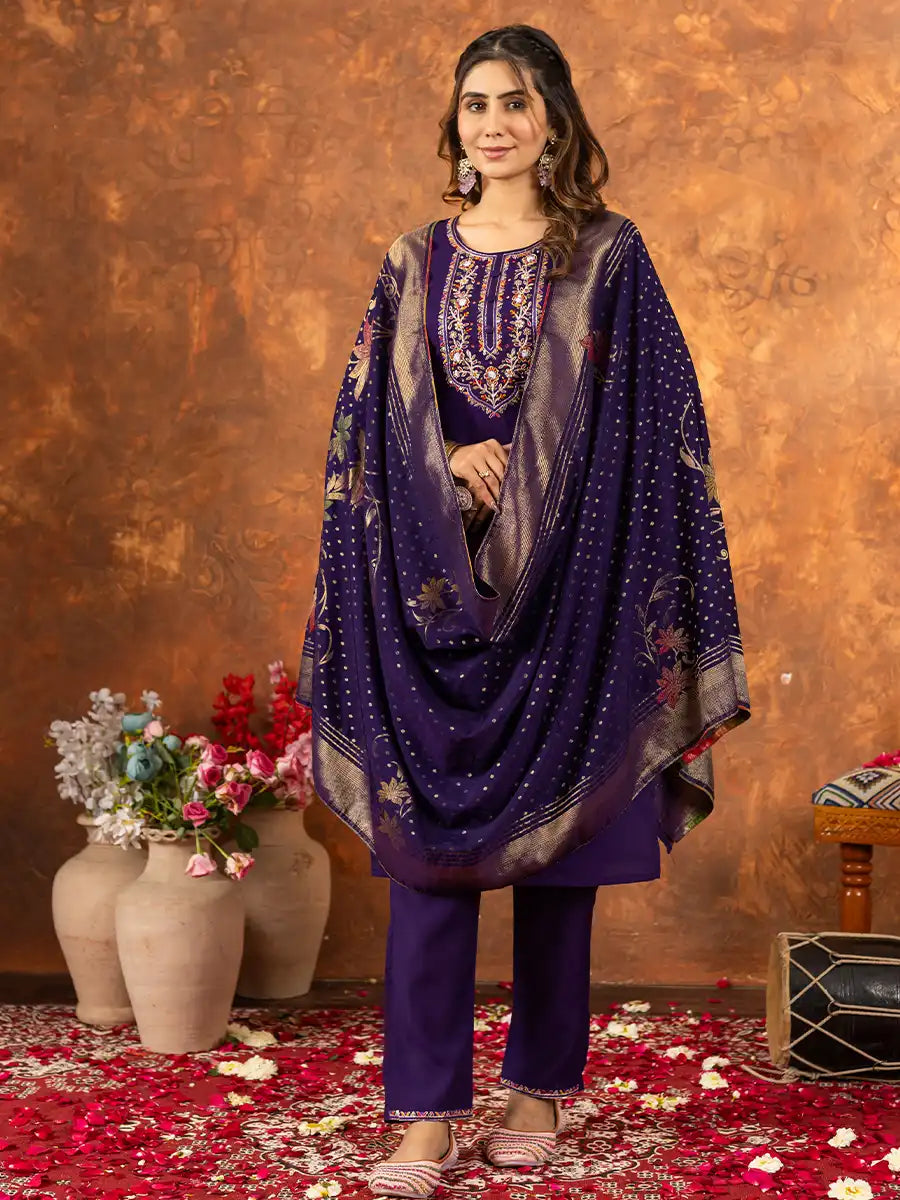 Floral Embroidered Straight Kurta Set with Woven Dupatta