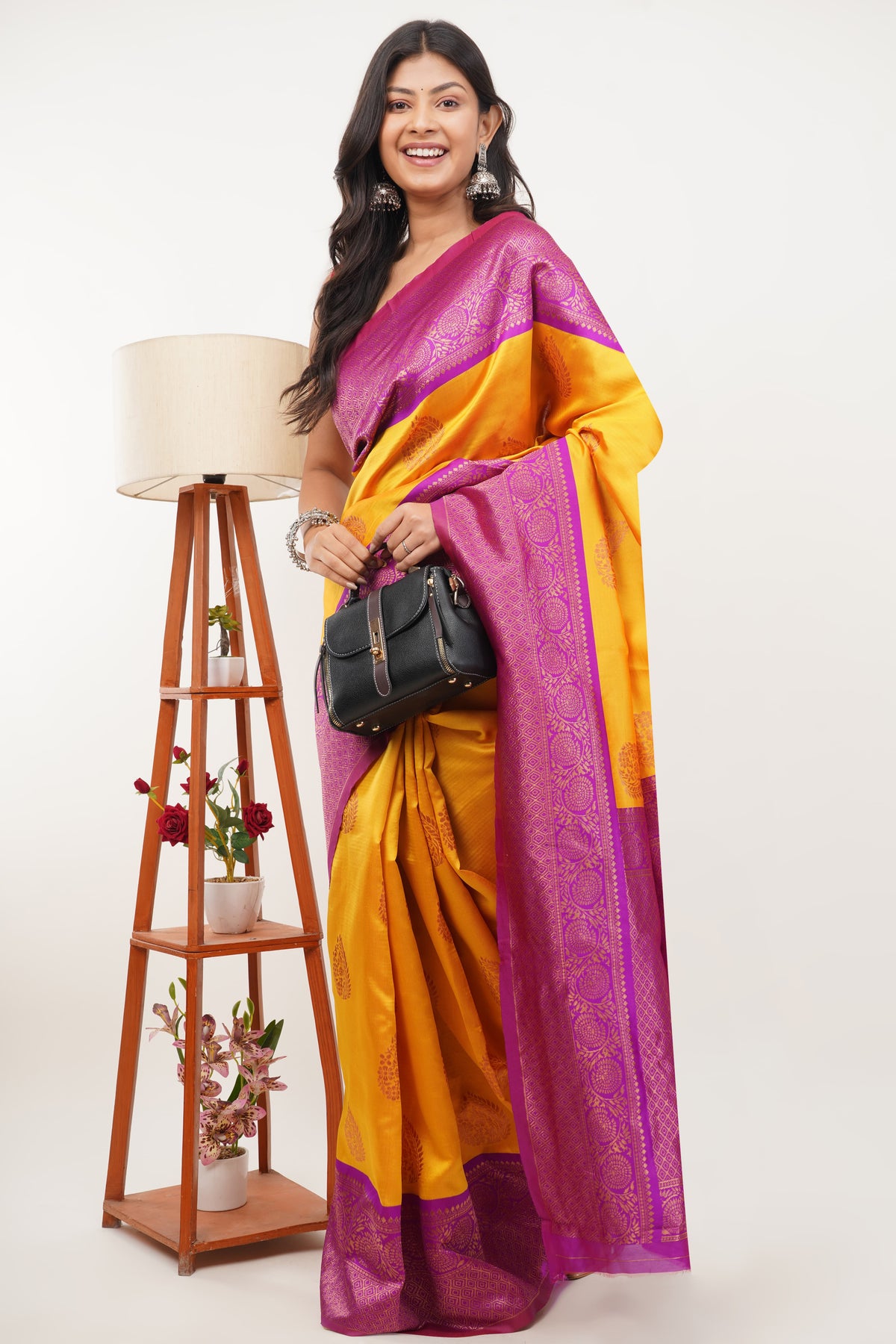 Mustard Yellow & Magenta Purple Soft Silk Saree with Rich Zari Border