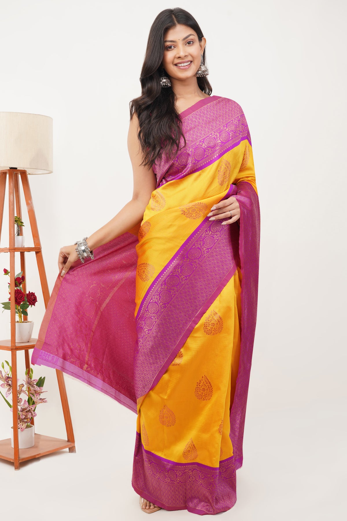 Mustard Yellow & Magenta Purple Soft Silk Saree with Rich Zari Border