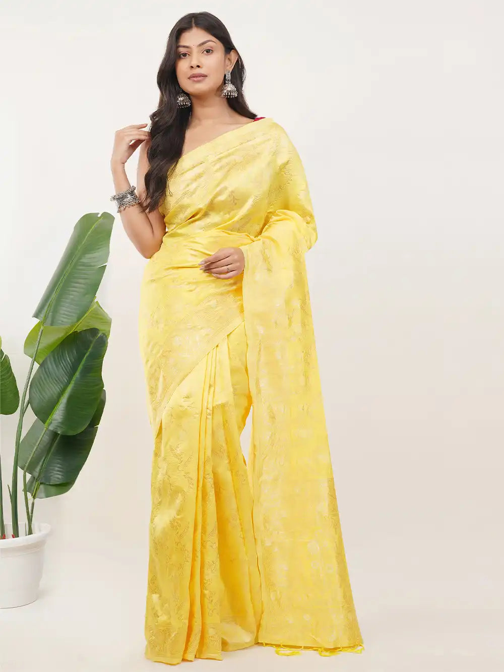 Lemon Yellow Soft Silk Saree with Self Woven Floral Jacquard Design