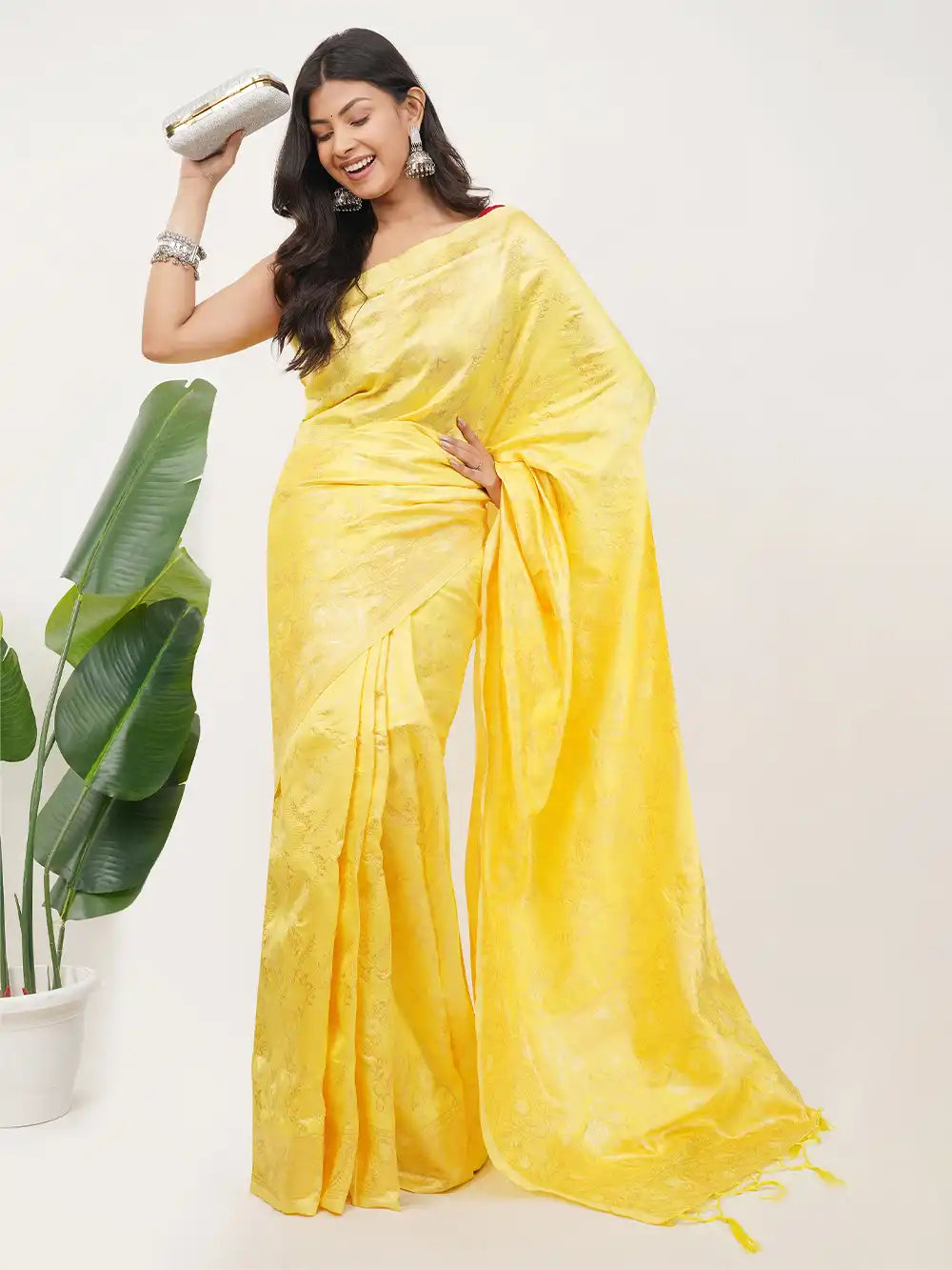 Lemon Yellow Soft Silk Saree with Self Woven Floral Jacquard Design