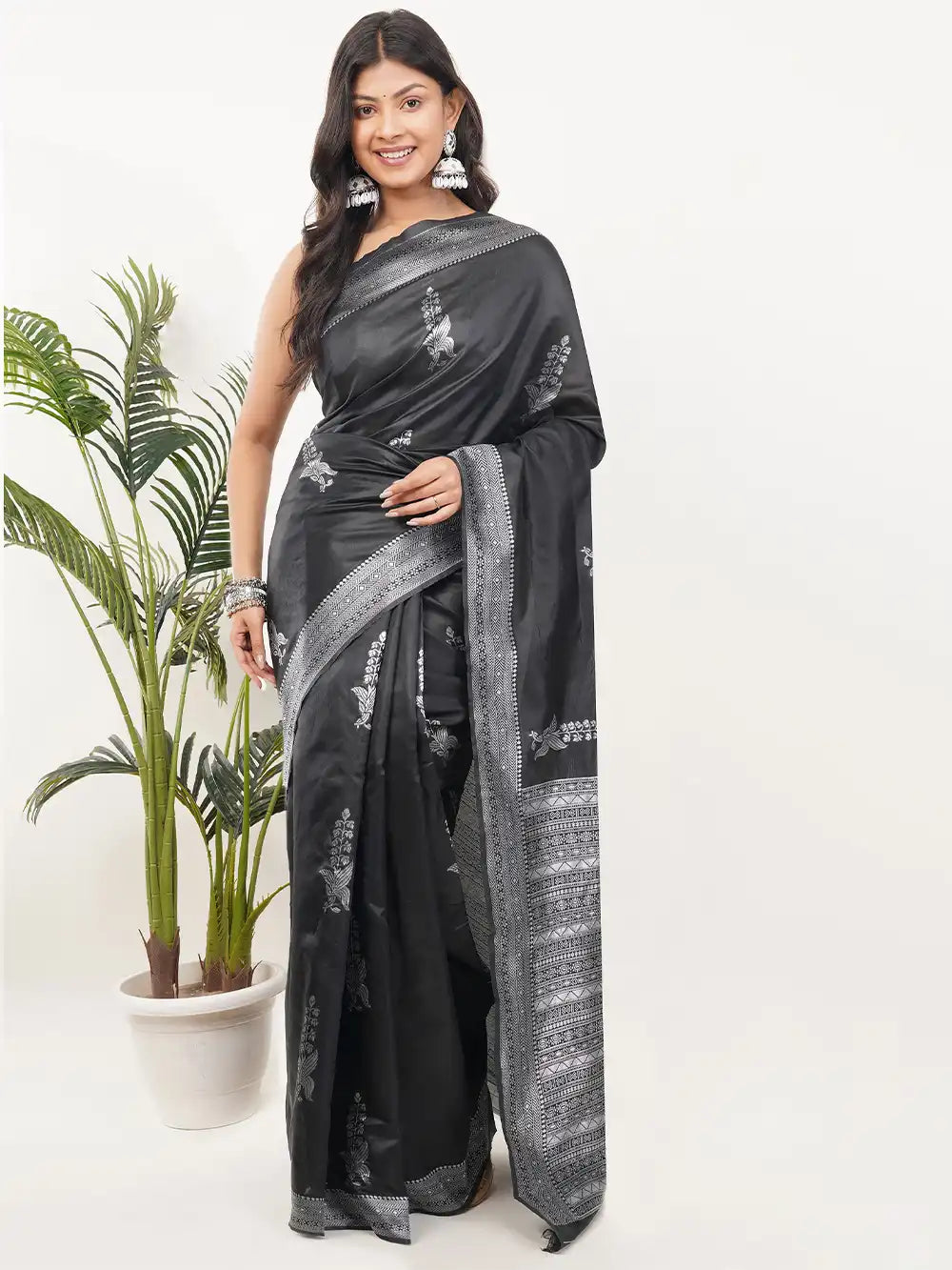 Black Soft Silk Saree with Silver Zari Border