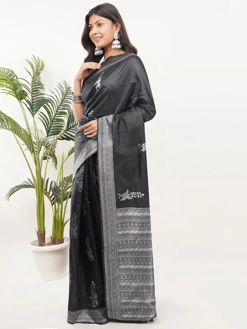 Black Soft Silk Saree with Silver Zari Border