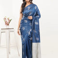 Navy Blue Soft Silk Saree with Silver Leaf Motifs & Rich Zari Pallu