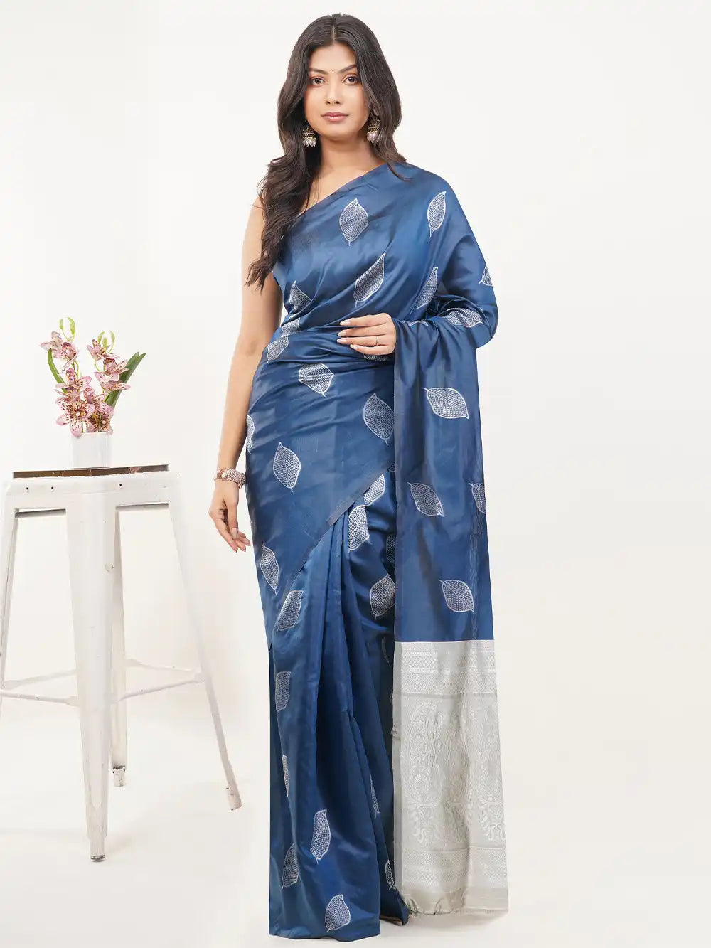 Navy Blue Soft Silk Saree with Silver Leaf Motifs & Rich Zari Pallu