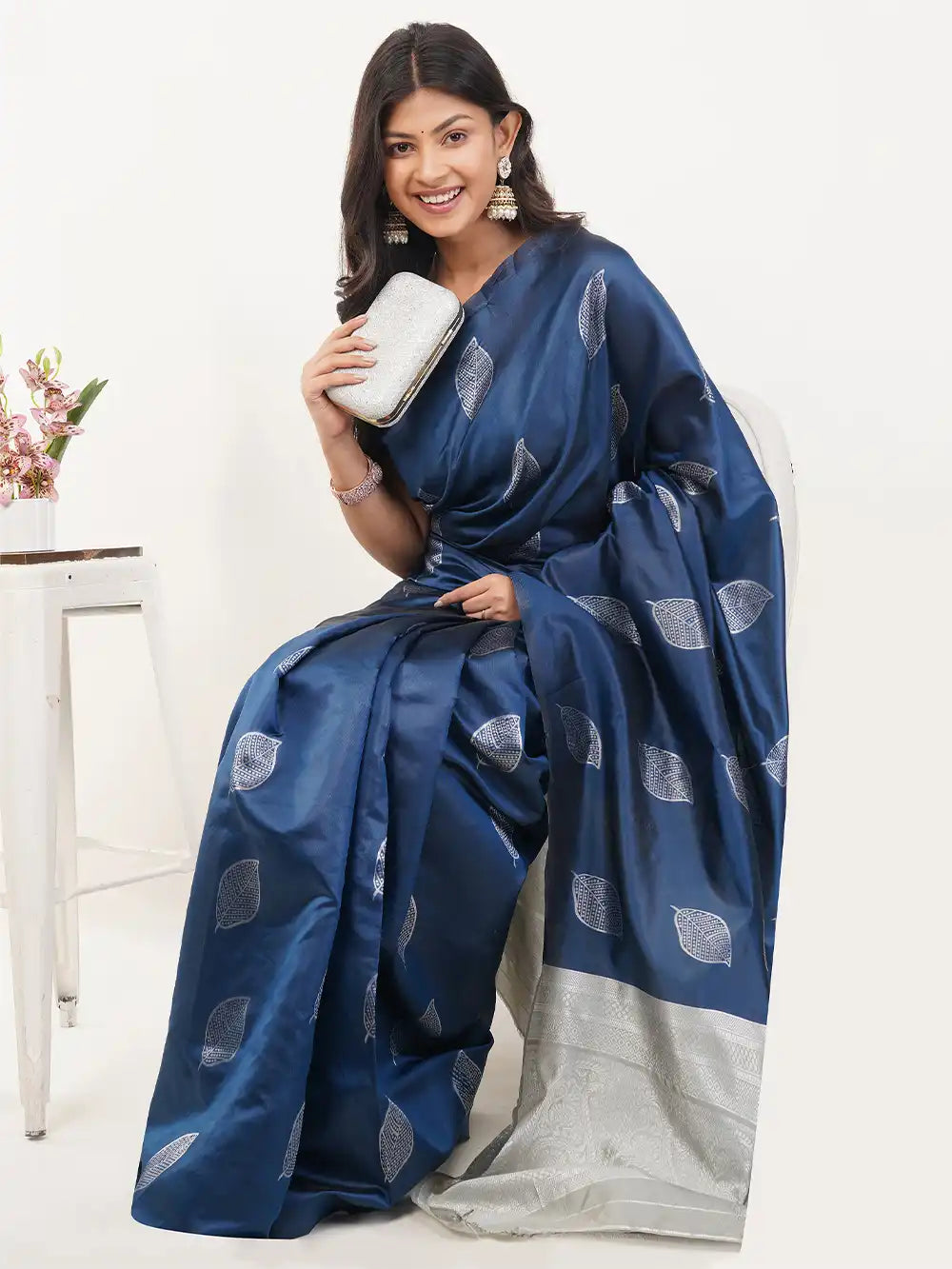 Navy Blue Soft Silk Saree with Silver Leaf Motifs & Rich Zari Pallu