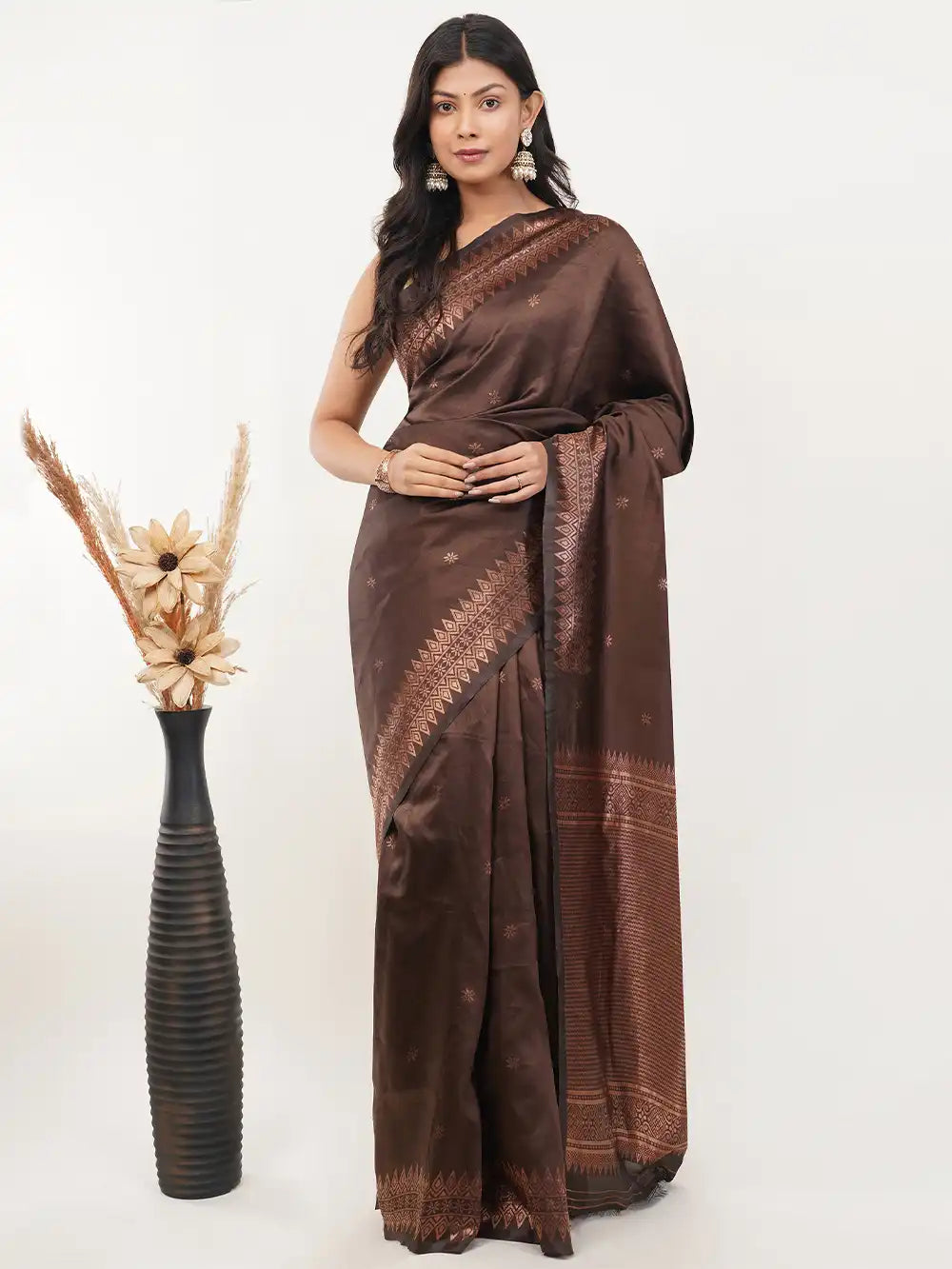 Coffee Brown Soft Silk Saree with Rich Copper Zari Border