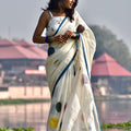 Off White Linen Cotton Saree with Multicolor Polka Dot Print