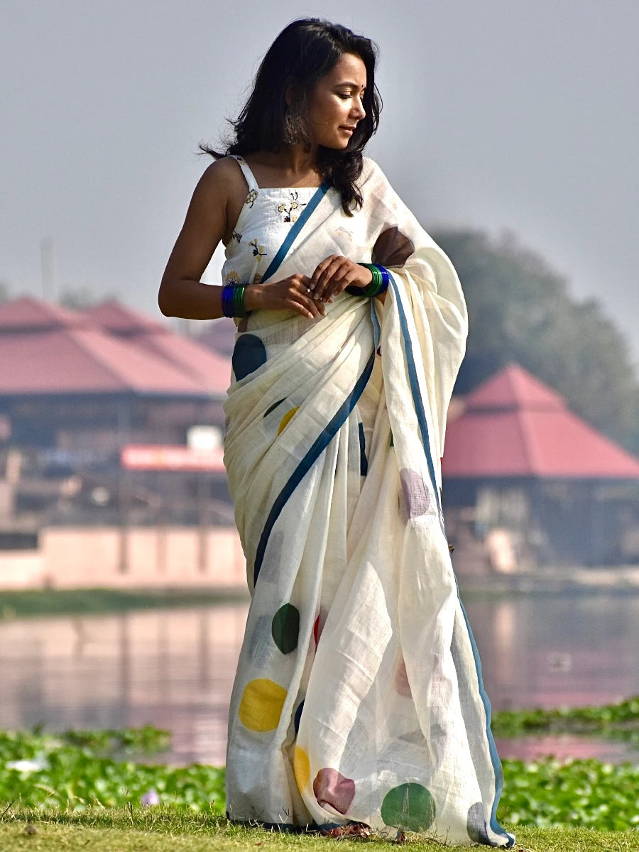 Off White Linen Cotton Saree with Multicolor Polka Dot Print