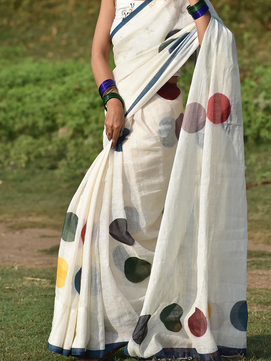 Off White Linen Cotton Saree with Multicolor Polka Dot Print