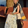 Off White Georgette Saree with Grey Botanical Print & Yellow Bird Motifs
