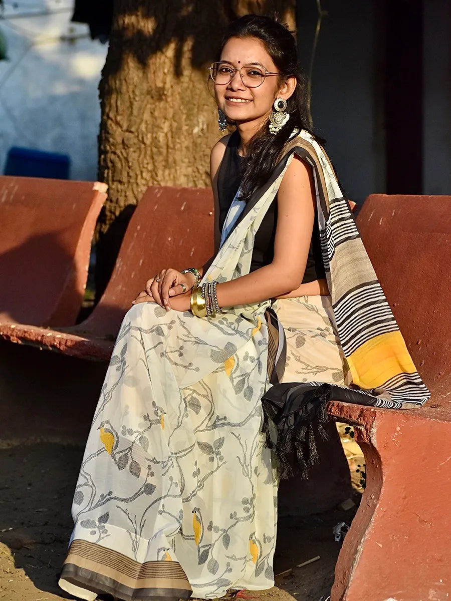 Off White Georgette Saree with Grey Botanical Print & Yellow Bird Motifs