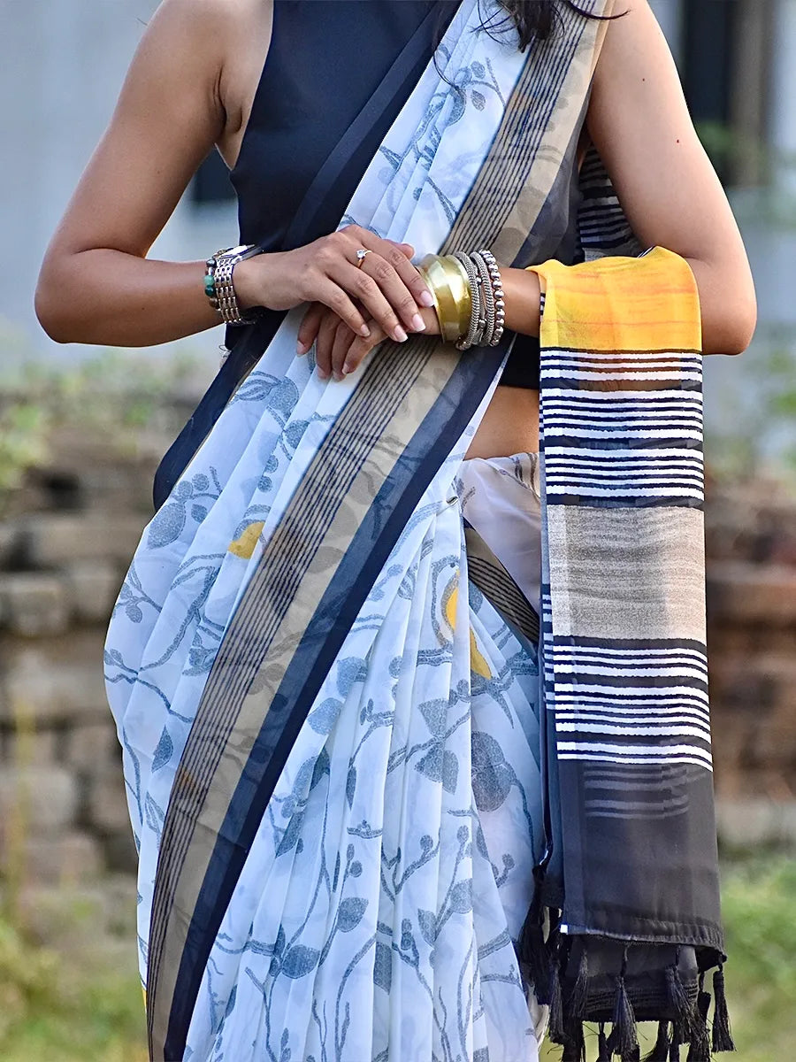 Off White Georgette Saree with Grey Botanical Print & Yellow Bird Motifs