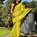 Lime Green Cotton Saree with Striped Print & Black Printed Pallu